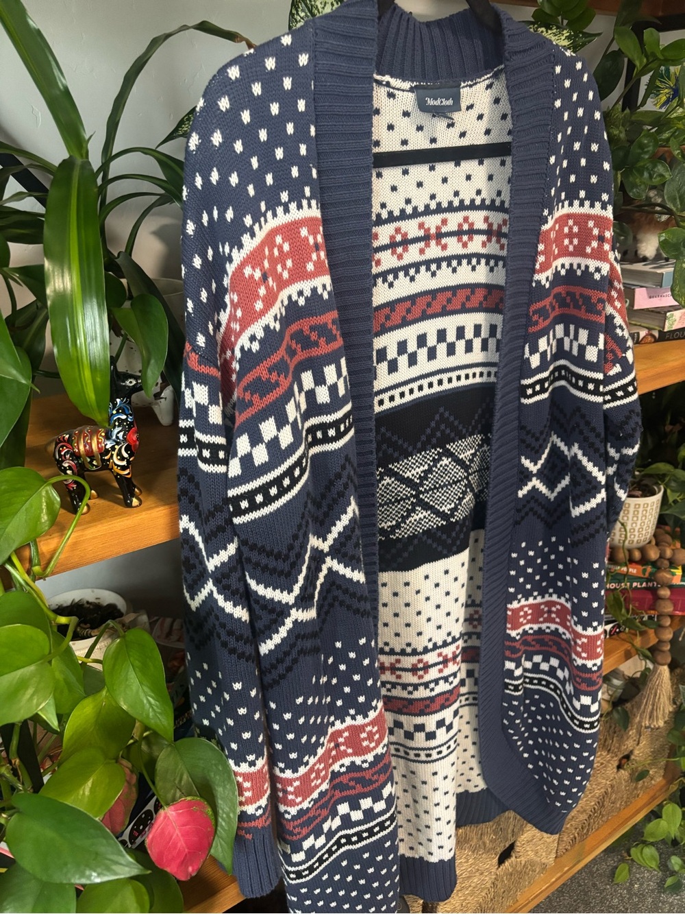 Modcloth Fair Isle Long Line Open Front Cardigan Sweater | Medium - Picture 4 of 6
